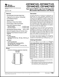 CD74HC123M datasheet:  HIGH SPEED CMOS LOGIC DUAL RETRIGGERABLE MONOSTABLE MULTIVIBRATORS WITH RESET CD74HC123M