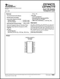 CD74HC75M96 datasheet:  HIGH SPEED CMOS LOGIC DUAL 2-BIT BISTABLE TRANSPARENT LATCHES CD74HC75M96