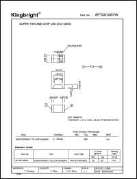 APT2012SYW datasheet: 2.0 x 1.2 mm SMD chip LED lamp. Super bright yellow. Lens type white diffused. APT2012SYW