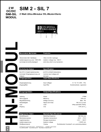 SIM2-1512D-SIL7 datasheet: 2 W DC/DC SIM-SIL module with 15 V input, 12 V/82 mA output SIM2-1512D-SIL7