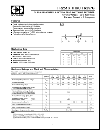 FR253G datasheet: 200 V, 2.5 A, Glass passivated junction fast switching rectifier FR253G
