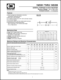 1N5398 datasheet: 800 V, 1.5 A, General purpose plastic rectifier 1N5398