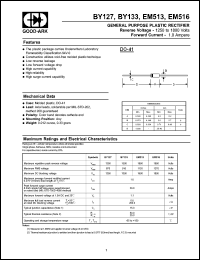 BY127 datasheet: 1250 V, 1 A, General purpose plastic rectifier BY127