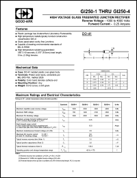 GI250-3 datasheet: 3000 V, 0.25 A, High voltage glass passivated junction rectifier GI250-3