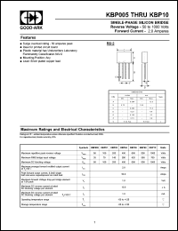 KBP10 datasheet: 1000 V, 2 A, Single-phase silicon bridge KBP10