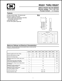 RS201 datasheet: 50 V, 2 A, Single-phase silicon bridge RS201