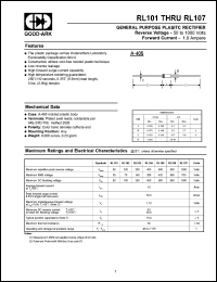 RL101 datasheet: 50 V, 1 A, General purpose plastic rectifier RL101