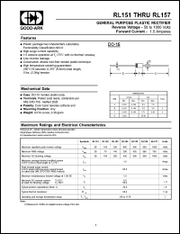 RL155 datasheet: 600 V, 1.5 A, General purpose plastic rectifier RL155