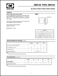 ZM4729 datasheet: 3.6 V, 69 mA, Silicon planar power zener diode ZM4729