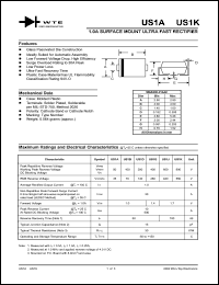 US1K-T1 datasheet: Reverse voltage: 800.00V; 1.0A surface mount ultra fast rectifier US1K-T1