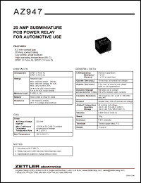 AZ947-1A-12D datasheet: Nominal coil VCD: 12; 20Amp subminiature PC power relay for automotive use AZ947-1A-12D