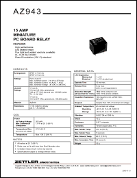 AZ943-1CH-12D datasheet: Nominal coil VCD: 12; 15Amp miniature PC board relay AZ943-1CH-12D