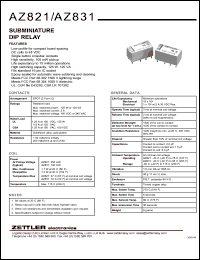 AZ821-2C-48DSE datasheet: Nominal coil VCD: 48: subminiature DIP relay AZ821-2C-48DSE