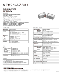 AZ821-2C-12DSE datasheet: Nominal coil VCD: 12: subminiature DIP relay AZ821-2C-12DSE