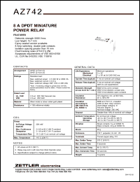 AZ742-2C-48D datasheet: Nominal coil: 48; 8A DPDT miniature power relay AZ742-2C-48D