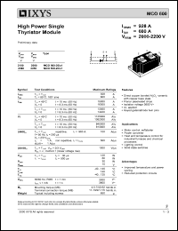 MCO600-20IO1 datasheet: 2000V high power single thyristor module MCO600-20IO1