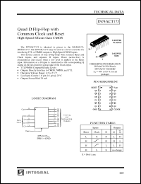 IN74ACT175N datasheet: Quad D flip-flop with common clock and reset high-speed silicon-gate CMOS IN74ACT175N