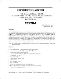 HB52R1289E22-A6B datasheet: 128-Mword x 72-bit; 100MHz memory bus; 2-bank module; 1GB registered SDRAM DIMM HB52R1289E22-A6B