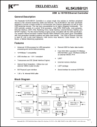 KL5KUSB121 datasheet: USB to 10/100 ethernet controller KL5KUSB121