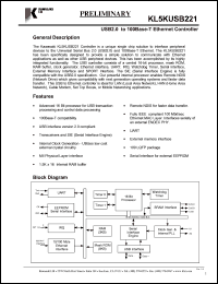 KL5KUSB221 datasheet: USB 2.0 to 100 Base-T ethernet controller KL5KUSB221