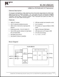 KL5KUSB245 datasheet: USB 2.0 to PCI BUS with 2.0 transceiver KL5KUSB245