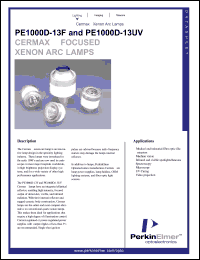 PE1000D-13UV datasheet: Germax focused xenon arc lamp. Power 1000 watts, current 50 amps (DC), operating voltage 20 volts (DC). PE1000D-13UV