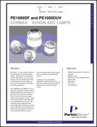 PE1000BUV datasheet: Germax focused xenon arc lamp. Power 1000 watts, current 51 amps (DC), operating voltage 19.5 volts (DC). PE1000BUV