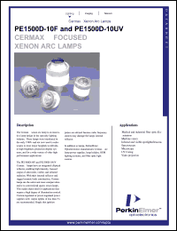 PE1500D-10F datasheet: Germax focused xenon arc lamp. Power 1500 watts, current 65 amps (DC), operating voltage 18.5 volts (DC). PE1500D-10F