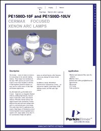 PE1500D-10UV datasheet: Germax focused xenon arc lamp. Power 1500 watts, current 65 amps (DC), operating voltage 18.5 volts (DC). PE1500D-10UV