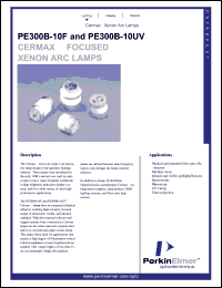 PE300B-10UV datasheet: Germax focused xenon arc lamp. Power 300 watts, current 22 amps (DC), operating voltage 13.5 volts (DC). PE300B-10UV