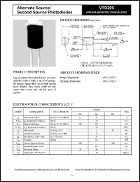 VTD205 datasheet: Alternate source/second source photodiode. Isc = 25 microA, Voc = 350 mV at 940 nm, H = 0.5 mW/cm2. VTD205