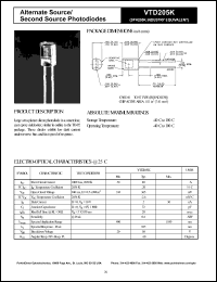 VTD205K datasheet: Alternate source/second source photodiode. Isc = 80 microA at 1000 lux, 2850 K. Voc = 365 mV at 940 nm, H = 0.5 mW/cm2. VTD205K