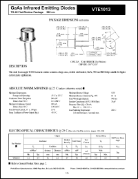 VTE1013 datasheet: GaAs infrared emitting diode. Irradiance(typ) 2.7mW/cm2 at distance 36 mm, diameter 6.4 mm. VTE1013