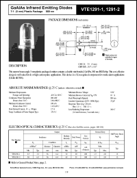 VTE1291-1 datasheet: GaAlAs infrared emitting diode. Irradiance(typ) 3.3 mW/cm2 (distance 36 mm, diameter 6.4 mm). VTE1291-1