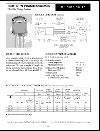 VTT1015 datasheet: .050 inche NPN phototransistor. Light current(min) 0.4 mA at H = 100 fc, Vce = 5.0 V. VTT1015