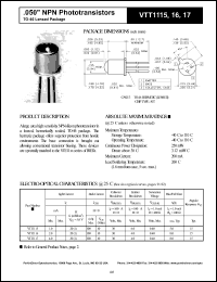 VTT1116 datasheet: .050 inche NPN phototransistor. Light current(min) 2.0 mA at H = 20 fc, Vce = 5.0 V. VTT1116