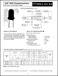 VTT3425LA datasheet: .025 inche NPN phototransistor. Light current(min) 3.0 mA at H = 20 fc, Vce = 5.0 V. VTT3425LA