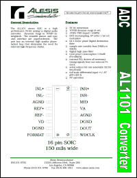 AL1101 datasheet: Stereo ADC. High performance 24-bit analog to digital audio converter. AL1101