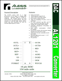 AL1201 datasheet: Stereo DAC. High performance 24-bit digital to analog audio converter. AL1201