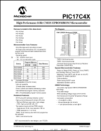 PIC17C43/JW datasheet: Bits number of 8 Memory configuration 4096x16 Memory type EPROM Microprocessor/controller features 2 PWM, Watchdog , 2 Captures , USART Frequency clock 33 MHz Memory size 4 Kb PIC17C43/JW