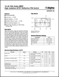 AP640R1-00 datasheet: 18-40 GHz GaAs MMIC high isolation SPST reflective PIN switch AP640R1-00