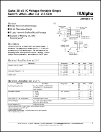 AT002S3-11 datasheet: GaAs 35 dB IC voltage variable single control attenuator 0.4-2.5 GHz AT002S3-11