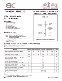 1N4934G datasheet: 100 V, 1.0 A fast recovery rectifier 1N4934G