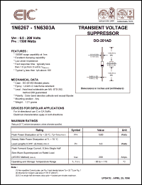 1N6267 datasheet: Working peak reverse voltage:5.50 V, 1500 W transient voltage suppressor 1N6267