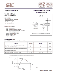 15KP14A datasheet: 14 V, 50 mA, 15,000 W transient voltage suppressor 15KP14A