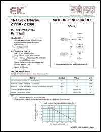 1N4730 datasheet: 3.9 V, 64.0 mA, 1 W silicon zener diode 1N4730