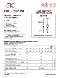 FR307 datasheet: 1000 V, 3 A, fast recovery rectifier diode FR307