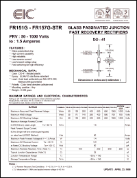 FR151G datasheet: 50 V, 1.5 A, glass passivated junction fast recovery rectifier FR151G