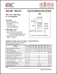 KBL400 datasheet: 50 V, 4 A,  silicon bridge rectifier KBL400
