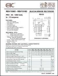 RBV1500D datasheet: 50 V, 15 A, silicon bridge rectifier RBV1500D